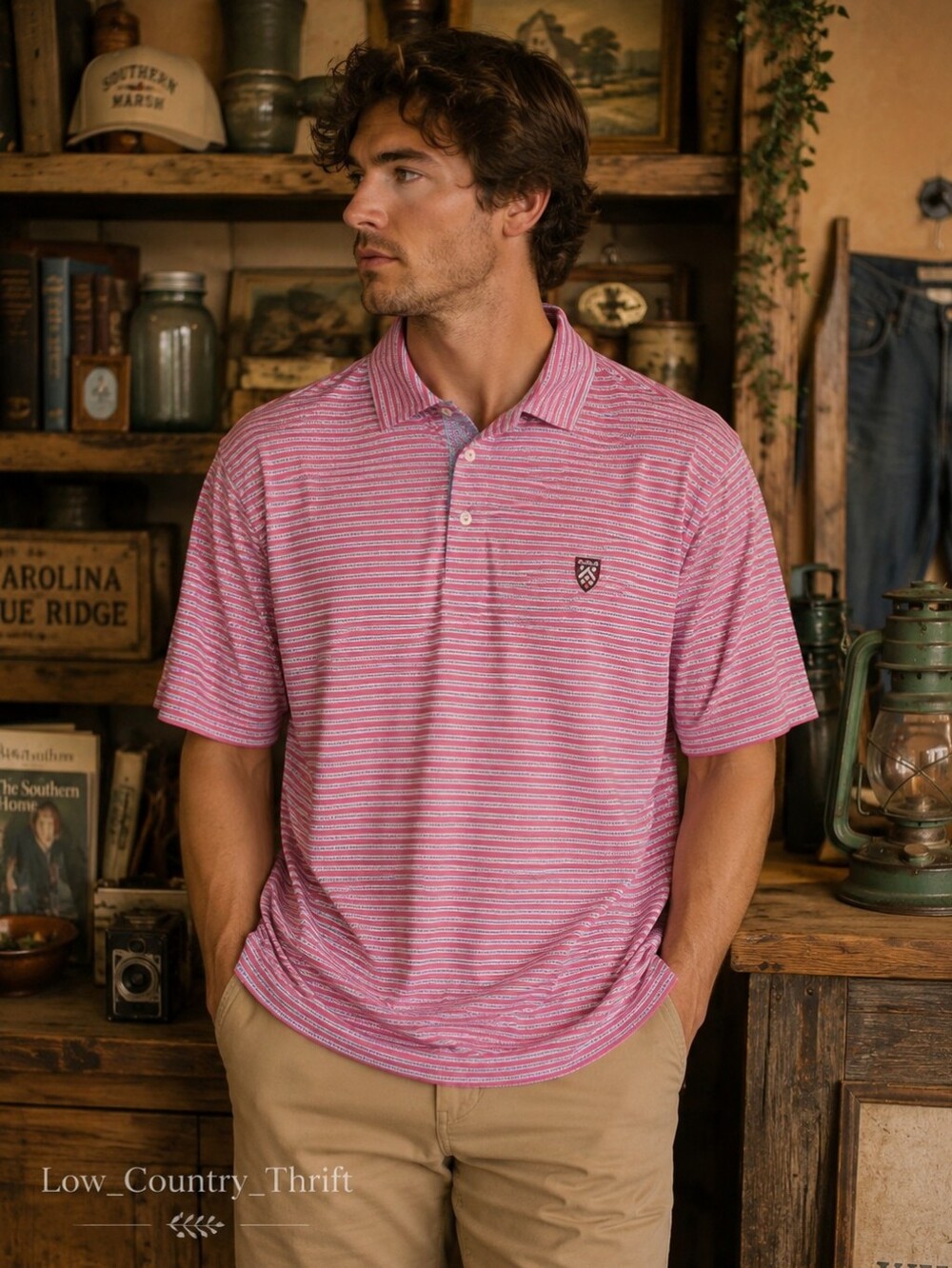 Fairway & Greene Pink Stripe Polo Shirt Mens Large USA Made Golf Performance